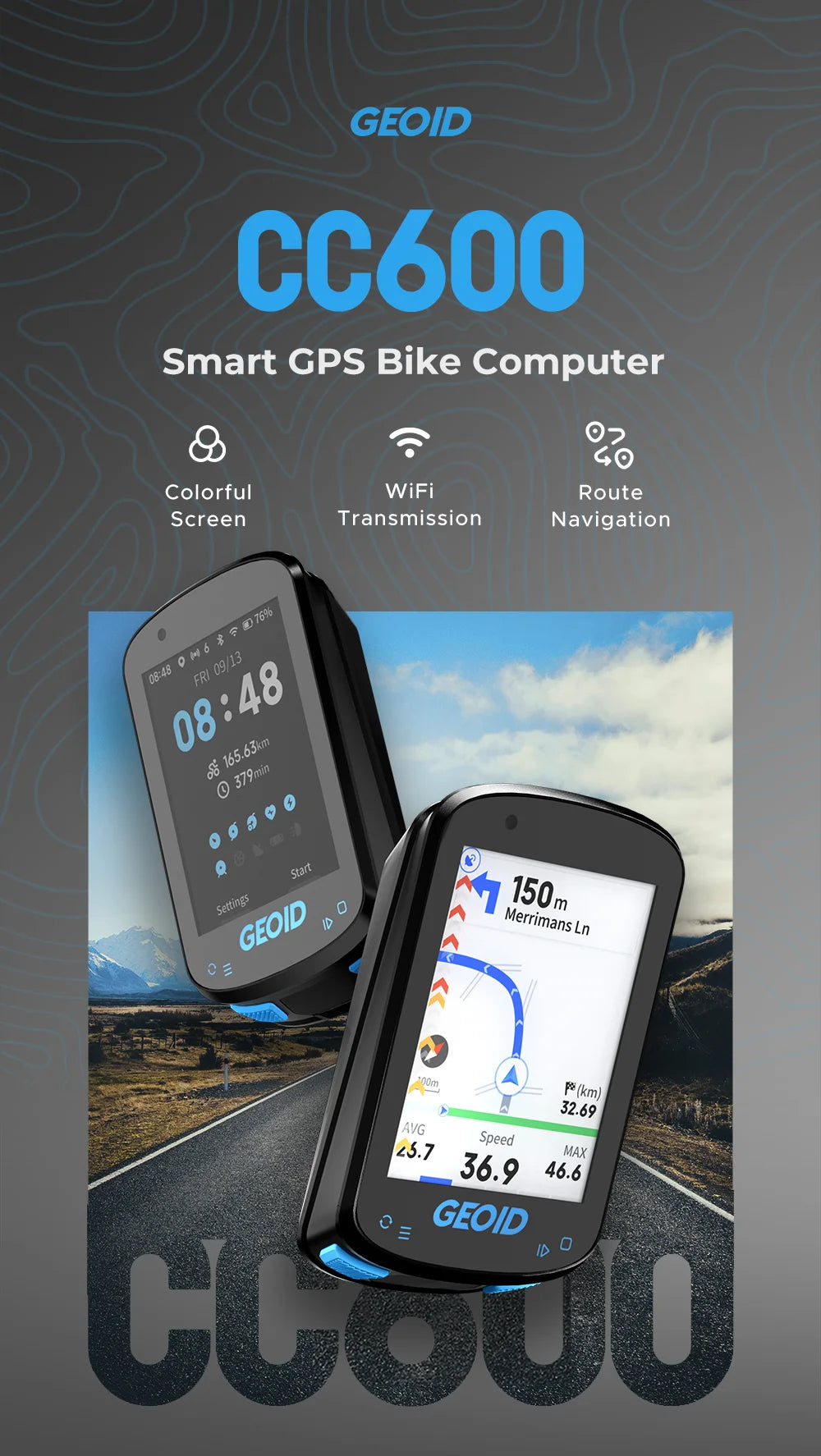 GEOID CC600 Bike Computer Wireless Color Screen Bicycle Speedometer ANT+ WIFI Cycling Speedometer IPX7 Waterproof Odometer