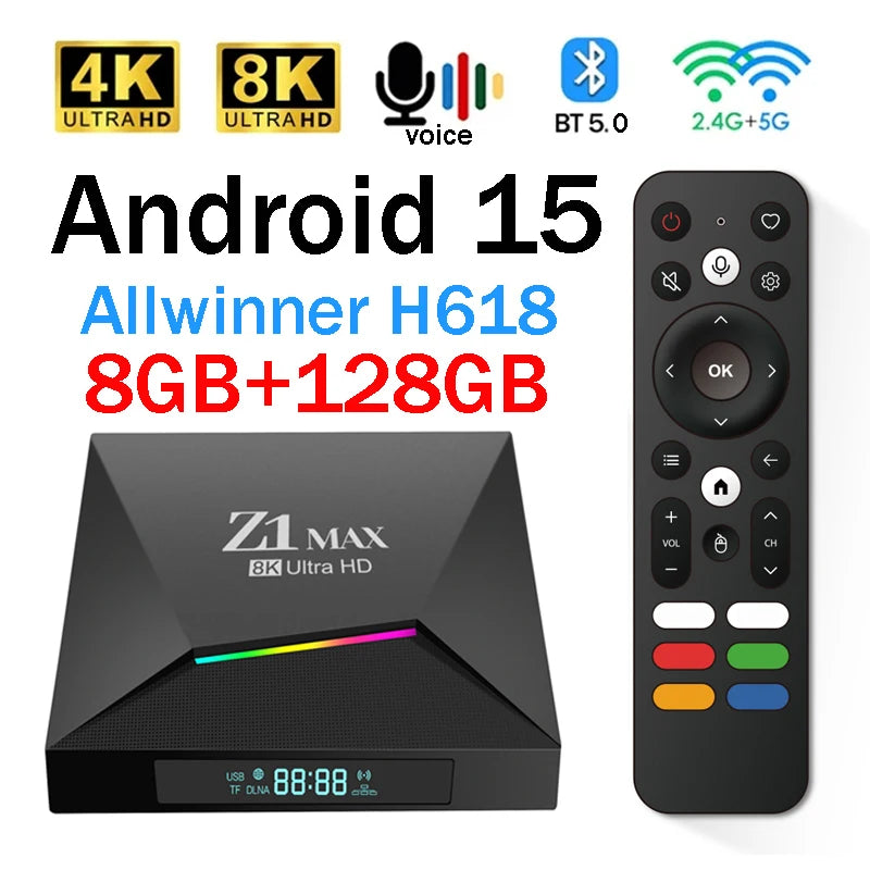 Z1 Max TV Box Android 15 iptv Allwinner H618 Quad Core 4G 5G Dual WiFi HD 8K 4K Media Player BT 5.0 Support Voice remote TV Box