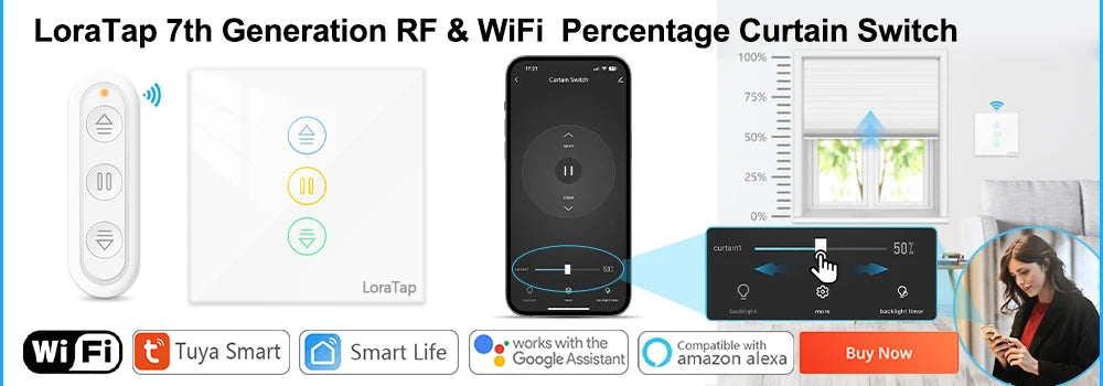 LoraTap Tuya Smart Roller Shutter Curtain Blinds Switch Tubular Motor Percentage Remote Voice Control by Google Home Alexa