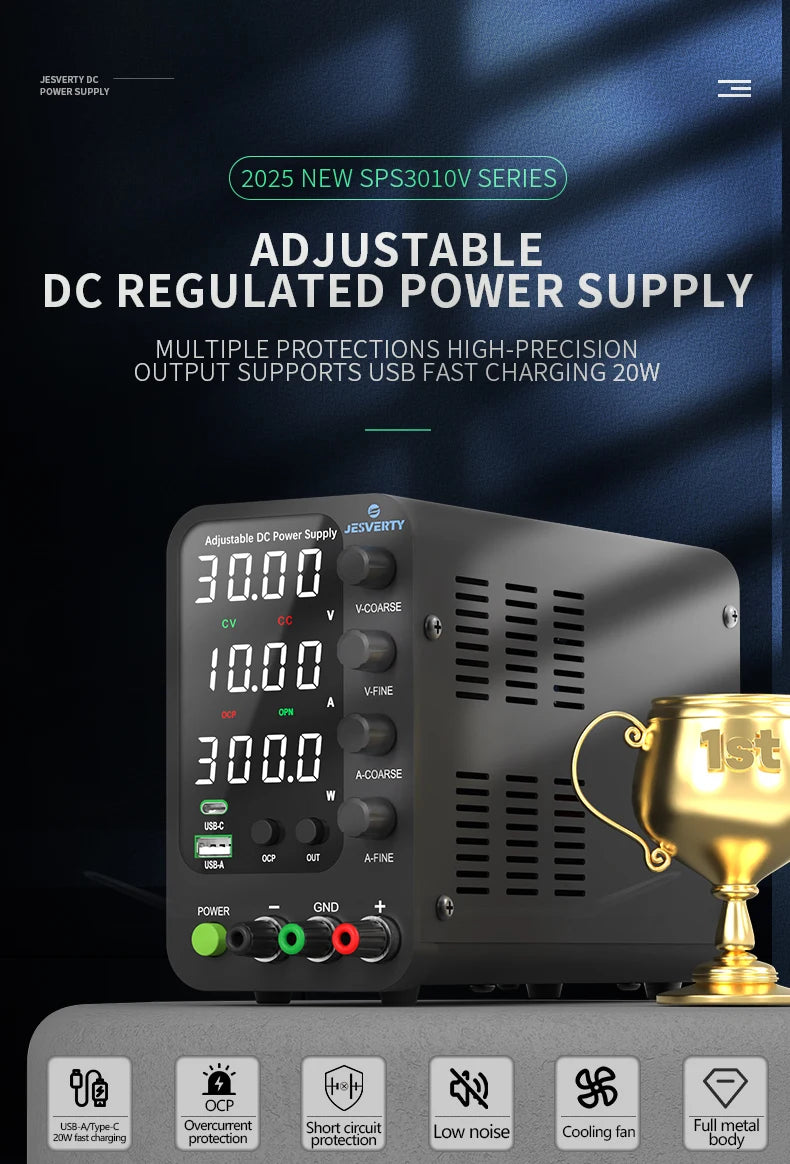 Jesverty DC Lab Power Supply 30V 60V 120V Bench Power Supply Encoder Regulate Voltage and Current Dual Input Voltage 220V/110V