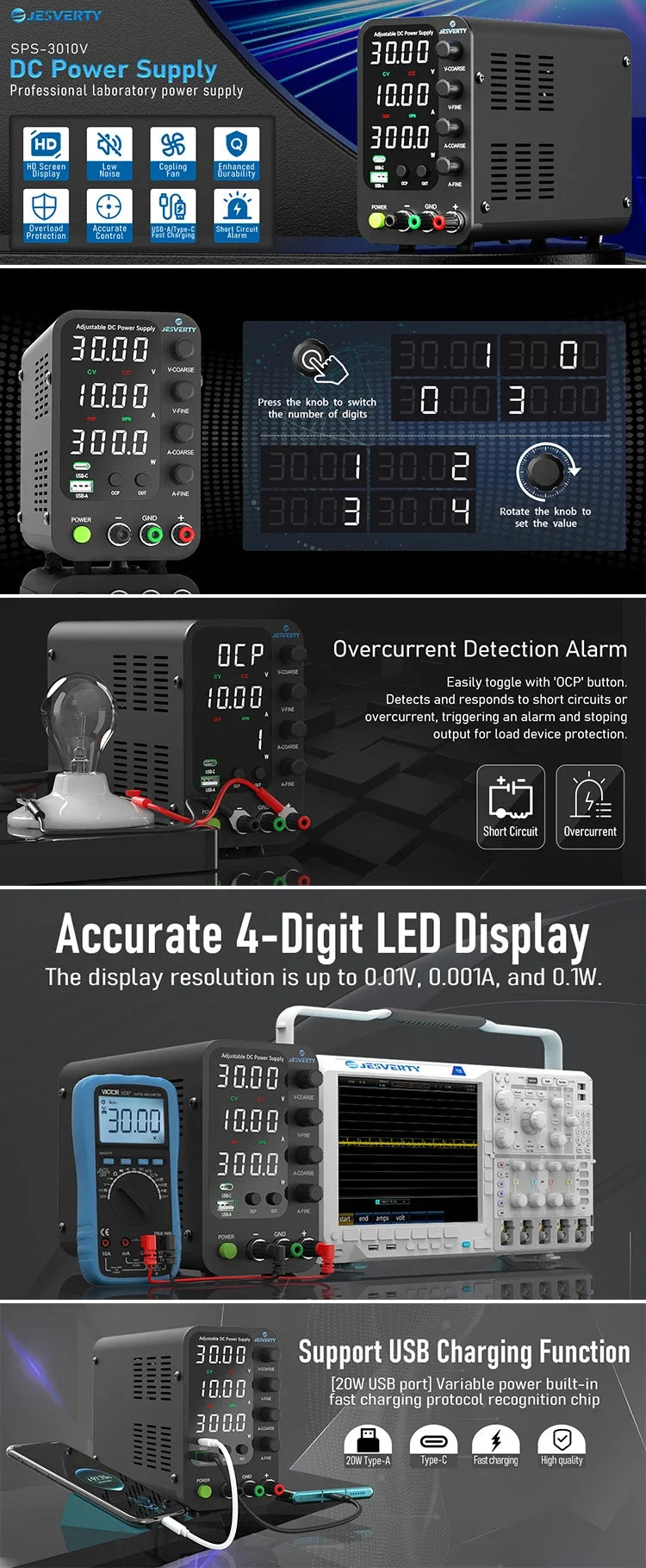 Jesverty DC Lab Power Supply 30V 60V 120V Bench Power Supply Encoder Regulate Voltage and Current Dual Input Voltage 220V/110V